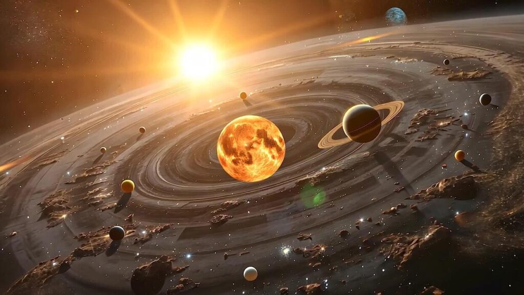 spectacular solar system with planets orbiting a glowing star a mesmerizing solar system view featuring multiple planets and asteroids revolving around a vibrant glowing central star free video